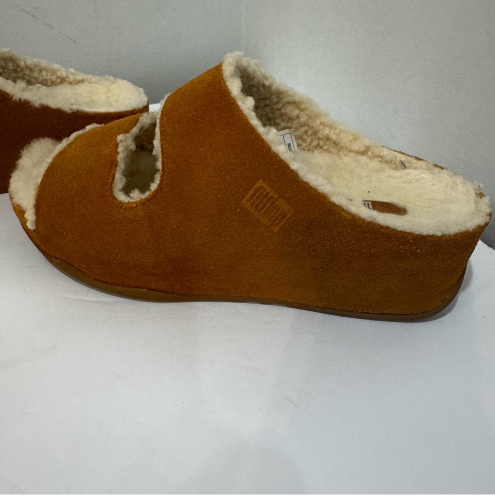 FitFlop Shuv Two-Bar Shearling Suede Slides Tan size 8 - Picture 7 of 9